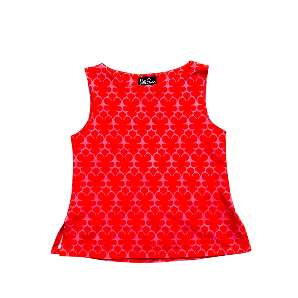 Retro Lesley Evers Geometric Print‎ Sleeveless Top XL Red Pink Mod Boat Neck